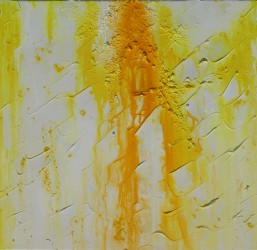 Ein abstraktes Gemälde mit dem Namen "when hope takes over", welches in hellen Farben wie beispielsweise gelb, orange und weiß gehalten ist. Klickt man auf das Bild öffnet sich einLink: Weiterleitung zu mehr Bildern dieses Gemäldes.