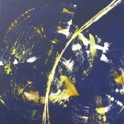 ein Acrylbild in der Größe 50x50cm. Der Hintergrund wurde in blau gemalt. Der Vordergrund wurde mithilfe von einer Spachtel und Pinsel gemalt. Als Farbe wurde gelb und weiß verwendet und kreisförmig aufgetragen