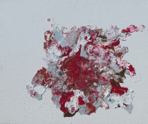 Ein Acrybild in der Größe 40x50cm. Der Hintergrund wurde mit Acrylweiß bemalt und der Vordergrund wurde mithilfe von Layering erstellt. Die Farben rot, grau und dunkles rot wurden verwendet