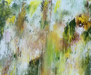 ein abstraktes Acrylgemälde in der Größe 160x100cm. Es besteht insbesondere aus den Farben grün, weiß, braun und auch gelb. Es hat den Namen skrupellose Mutter Natur.